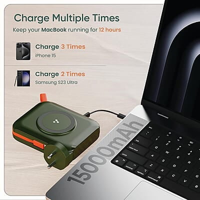 Ambrane 4-in-1 Power Bank, Charger, Magsafe Wireless Charger with Inbuit Cable for MacBook/Type C Laptop, iPhone & Android All-in-1 Device, 65W Fast Charging 15000mAh Ambrane 4-in-1 Power Bank, Charger, Magsafe Wireless Charger with Inbuit Cable for MacBook/Type C Laptop, iPhone & Android All-in-1 Device, 65W Fast Charging 15000mAh