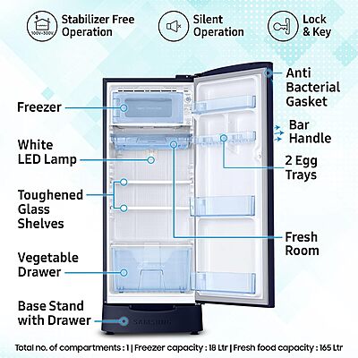 Samsung 183 L, 5 Star, Digital Inverter, Direct-Cool Single Door Refrigerator Samsung 183 L, 5 Star, Digital Inverter, Direct-Cool Single Door Refrigerator
