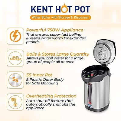 KENT Hot Pot Auto Electric Kettle With Water Dispenser 4L Storage Capacity 750W Appliance to Ensure Super Fast Boiling SS Inner Pot & Plastic Outer Body Reboil Feature Overheating Protection Silver KENT Hot Pot Auto Electric Kettle With Water Dispenser 4L Storage Capacity 750W Appliance to Ensure Super Fast Boiling SS Inner Pot & Plastic Outer Body Reboil Feature Overheating Protection Silver