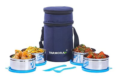 Varmora SS QuattroStainless Steel Lunch Box For Office, 390 ML- 4 Containers Varmora SS QuattroStainless Steel Lunch Box For Office, 390 ML- 4 Containers