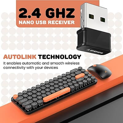 Ambrane Combo of Wireless Keyboard with Mouse Retro Typewriter Inspired, 2.4GHz for Desktop, Laptop, MacBook and Devices with USB Support, Compact Light-Weight, Single Nano Receiver KeyPop Ambrane Combo of Wireless Keyboard with Mouse Retro Typewriter Inspired, 2.4GHz for Desktop, Laptop, MacBook and Devices with USB Support, Compact Light-Weight, Single Nano Receiver KeyPop