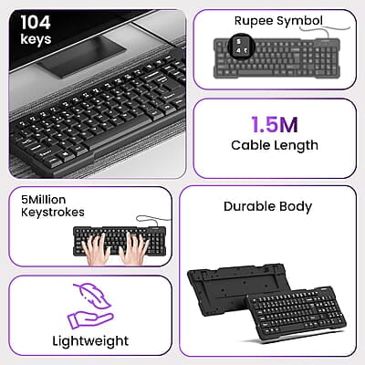 Ambrane Wired Keyboard, 104 Key with Membrane Switch Quick, 12Fn Shortcut Keys, Plug and Play USB Connection Compatible with PC, Mac, Laptop, Comfy and Ergonomically Design Ambrane Wired Keyboard, 104 Key with Membrane Switch Quick, 12Fn Shortcut Keys, Plug and Play USB Connection Compatible with PC, Mac, Laptop, Comfy and Ergonomically Design