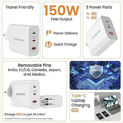 Ambrane 150W GaN Multi-Port Fast Charger Type C USB Compatible with All iPhones, Android Smartphones & Laptops Ambrane 150W GaN Multi-Port Fast Charger Type C USB Compatible with All iPhones, Android Smartphones & Laptops