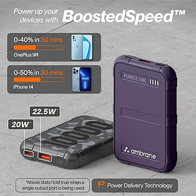 Ambrane 10000mAh Rugged, Slim & Compact Powerbank, 22.5W Fast Charging, USB & Type C Output Ambrane 10000mAh Rugged, Slim & Compact Powerbank, 22.5W Fast Charging, USB & Type C Output