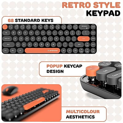 Ambrane Combo of Wireless Keyboard with Mouse Retro Typewriter Inspired, 2.4GHz for Desktop, Laptop, MacBook and Devices with USB Support, Compact Light-Weight, Single Nano Receiver KeyPop Ambrane Combo of Wireless Keyboard with Mouse Retro Typewriter Inspired, 2.4GHz for Desktop, Laptop, MacBook and Devices with USB Support, Compact Light-Weight, Single Nano Receiver KeyPop