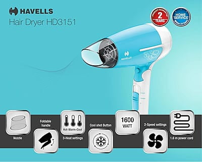 Havells 1200 Watts Foldable Hair Dryer; 3 Heat Settings With Cool Shot (Hot/Cool/ Warm), Heat Balance Technology Havells 1200 Watts Foldable Hair Dryer; 3 Heat Settings With Cool Shot (Hot/Cool/ Warm), Heat Balance Technology