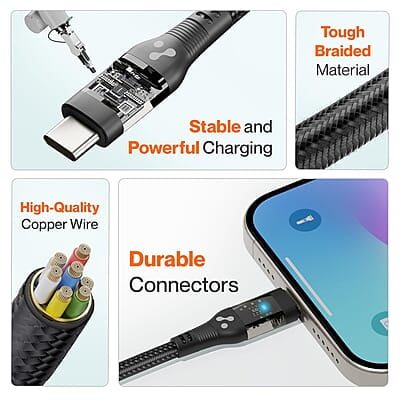Ambrane 60W Type C to Type C Cable with 3A Fast Charging, 1.2M Braided cable for Smartphones, Tablets, Laptops & other Type C devices, PD Technology, 480Mbps Data Sync (ABCC-12T