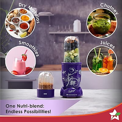 Wonderchef Nutri-blend Mixer Grinder Blender, Smoothie Maker, 3 Unbreakable Jars 500W 22000 RPM Purple Wonderchef Nutri-blend Mixer Grinder Blender, Smoothie Maker, 3 Unbreakable Jars 500W 22000 RPM Purple