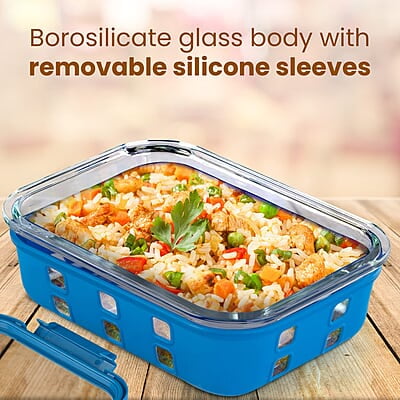AGARO Imperial Borosilicate Glass Containers with Silicone Sleeves & with Lock Lid, 3 pcs Set, 370ml, 640ml, 1050ml