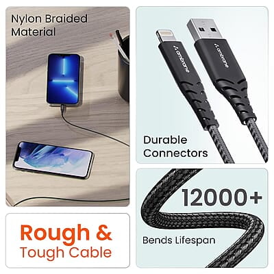 Ambrane USB to Lightning 3A Fast Charging Braided Cable Compatible for iPhone 14,13, 12,11, X, 8, 7, 6, 5, iPad, Macbook, iMac, AirPods, 480Mbps Data Sync, 1.5Meter Long (RCL -15 Ambrane USB to Lightning 3A Fast Charging Braided Cable Compatible for iPhone 14,13, 12,11, X, 8, 7, 6, 5, iPad, Macbook, iMac, AirPods, 480Mbps Data Sync, 1.5Meter Long (RCL -15
