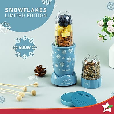 Wonderchef Nutri Blend Snowflakes, 22000 RPM 2 Unbreakable Jars, Stainless Steel Blades, 400 W Wonderchef Nutri Blend Snowflakes, 22000 RPM 2 Unbreakable Jars, Stainless Steel Blades, 400 W