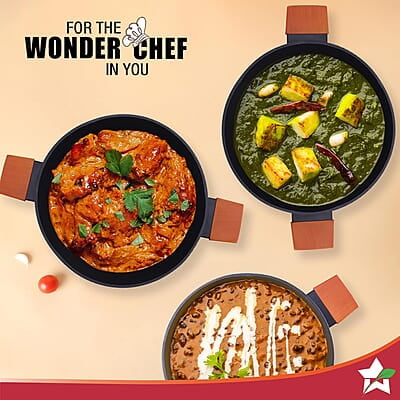 Wonderchef Caesar Forged Virgin Aluminium Kadhai with Glass Lid, 24cm, Black, Greblon C3 Non-stick Coating