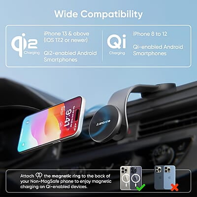 Ambrane 15W Qi-2 Car Dashboard Magnetic Wireless Car Charger for iPhone 15/15 Pro/15 Pro Max, iPhone 14/14 Pro/14 Pro Max, iPhone 13/12, Samsung & Other Qi-2 Device + Magnetic Ring Ambrane 15W Qi-2 Car Dashboard Magnetic Wireless Car Charger for iPhone 15/15 Pro/15 Pro Max, iPhone 14/14 Pro/14 Pro Max, iPhone 13/12, Samsung & Other Qi-2 Device + Magnetic Ring