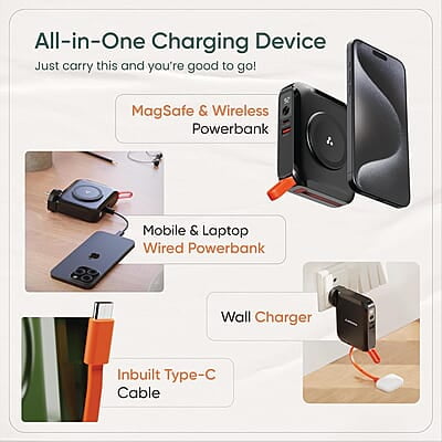 Ambrane 4-in-1 Power Bank, Charger, Magsafe Wireless Charger with Inbuit Cable for MacBook/Type C Laptop, iPhone & Android All-in-1 Device, 65W Fast Charging 15000mAh Ambrane 4-in-1 Power Bank, Charger, Magsafe Wireless Charger with Inbuit Cable for MacBook/Type C Laptop, iPhone & Android All-in-1 Device, 65W Fast Charging 15000mAh