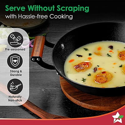 Wonderchef Pre-Seasoned Ferro Light 28cm Kadhai 3.2L Acacia Wooden Handles