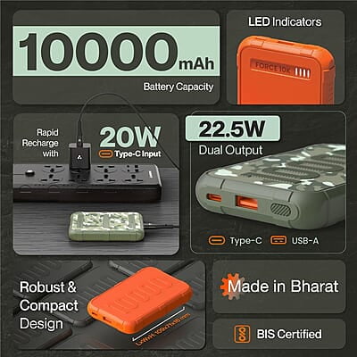 Ambrane 10000mAh Rugged, Slim & Compact Powerbank, 22.5W Fast Charging, USB & Type C Output Ambrane 10000mAh Rugged, Slim & Compact Powerbank, 22.5W Fast Charging, USB & Type C Output