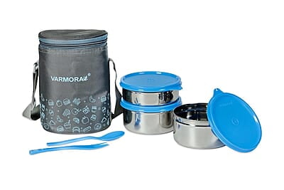 Varmora Stainless Steel SS Jumbo Trio Printed Lunch-Tiffin Box for Office - Set of 3 Containers (390 ml, 520 ml, 520 ml)