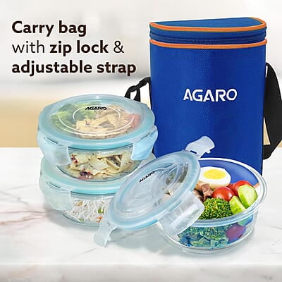 AGARO Elite Borosilicate Glass Lunch Box, 3pcs Set, 400ml Each, Office Tiffin Box with Bag AGARO Elite Borosilicate Glass Lunch Box, 3pcs Set, 400ml Each, Office Tiffin Box with Bag
