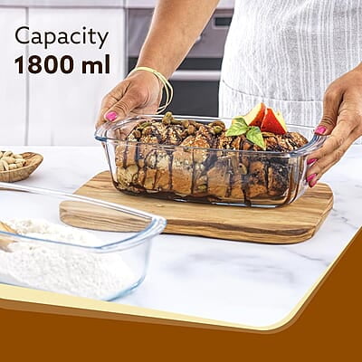 AGARO Elite Glass Loaf Tray Rectangular, 1800ml, Bake Safe, Oven Safe, Glass Dish Tray, Borosilicate Glass Tray AGARO Elite Glass Loaf Tray Rectangular, 1800ml, Bake Safe, Oven Safe, Glass Dish Tray, Borosilicate Glass Tray
