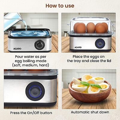 AGARO Grand Egg Boiler and Poacher,2-in1 Boils 8 Eggs, Poach 4 Eggs, Steamed Vegetables, 3 Boiling Modes, Stainless Steel Body, Transparent Lid, 500 Watts, Silver 14 ounces AGARO Grand Egg Boiler and Poacher,2-in1 Boils 8 Eggs, Poach 4 Eggs, Steamed Vegetables, 3 Boiling Modes, Stainless Steel Body, Transparent Lid, 500 Watts, Silver 14 ounces