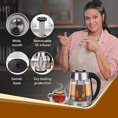 AGARO Supreme Electric Glass Kettle With Tea & Coffee Infuser, 1.7 liter, Borosilicate Glass Body 1850W AGARO Supreme Electric Glass Kettle With Tea & Coffee Infuser, 1.7 liter, Borosilicate Glass Body 1850W