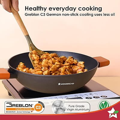 Wonderchef Caesar Forged Virgin Aluminium Kadhai with Glass Lid, 24cm, Black, Greblon C3 Non-stick Coating