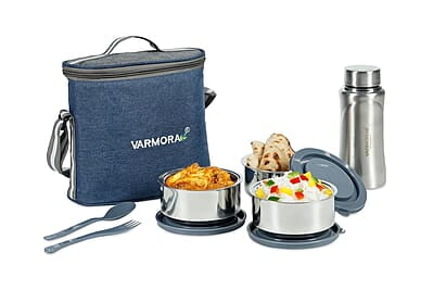 Varmora SS Hot-N-Fresh Stainless Steel Lunch Box Set Set of 3 Containers 300 ml Each with SS Bottle- 500ml Varmora SS Hot-N-Fresh Stainless Steel Lunch Box Set Set of 3 Containers 300 ml Each with SS Bottle- 500ml