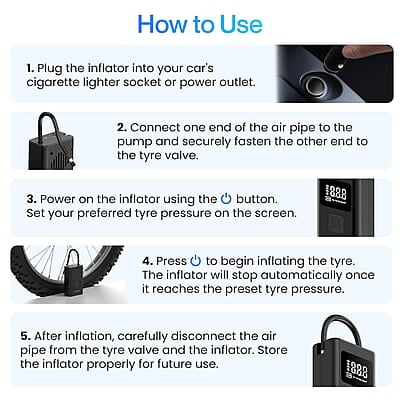 Ambrane Wired Tyre Inflator Air Pump for Cars with digital display & LED Light, 60W with up to 100 Psi, Portable Air Compressor, with Nozzles for Car, Bike, Motorcycle, Sports Ball