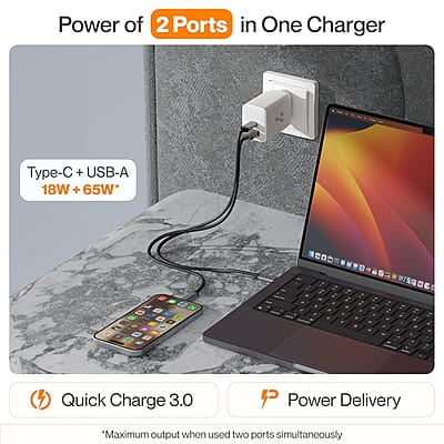 Ambrane 67W Dual Port GaN Charger,Fast Charger Adapter for Laptop, Lenovo, HP, ASUS, Dell, MacBook, iPhone Series, Samsung & Other Devices, USB & Type C Port with QC & PD Technology Ambrane 67W Dual Port GaN Charger,Fast Charger Adapter for Laptop, Lenovo, HP, ASUS, Dell, MacBook, iPhone Series, Samsung & Other Devices, USB & Type C Port with QC & PD Technology