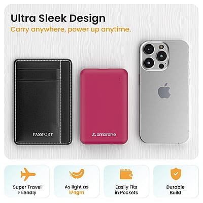 Ambrane 10000mAh Slimmest & Compact (Pocket/Bag Friendly) Powerbank, 22.5W Fast Charging, USB & Type C Output