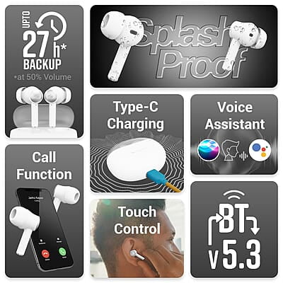 ZEBRONICS MIST in-Ear Wireless Earbuds, with up-to 27 Hours Backup, Environmental Noise Cancellation (ENC), Gaming Mode, Touch Control, Voice Assistant Support, Splash Proof Design