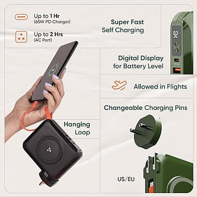 Ambrane 4-in-1 Power Bank, Charger, Magsafe Wireless Charger with Inbuit Cable for MacBook/Type C Laptop, iPhone & Android All-in-1 Device, 65W Fast Charging 15000mAh Ambrane 4-in-1 Power Bank, Charger, Magsafe Wireless Charger with Inbuit Cable for MacBook/Type C Laptop, iPhone & Android All-in-1 Device, 65W Fast Charging 15000mAh