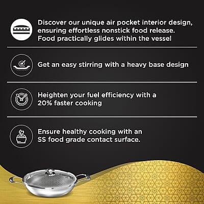 Preethi Diva Collection Triply Stainless Steel Kadai with API Technology, 20 cm, Gas & Induction