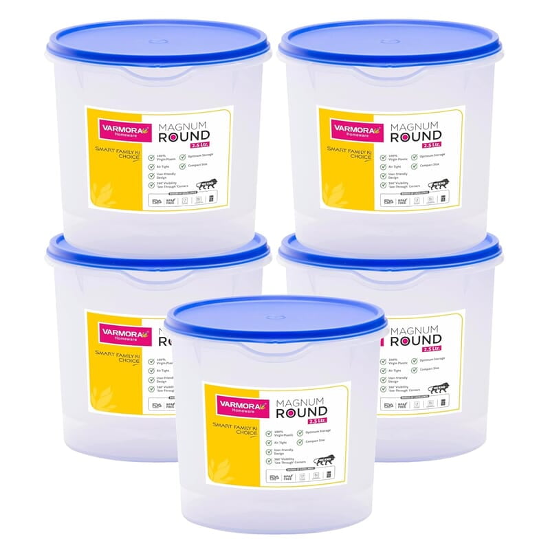 Varmora Magnum Round Smart Kitchen Storage Plastic Container – Blue Lid (2.5 Litres) (Pack of 5)