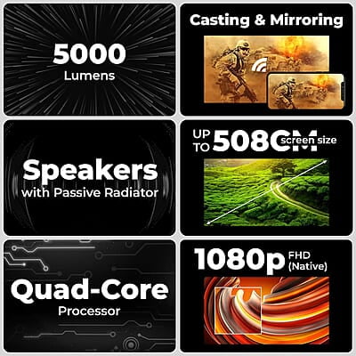 ZEBRONICS PIXAPLAY 26, Smart LED Projector, Dolby Audio, 5000 Lumens, Upto 200" Screen Size, Quad Core Processor, Auto Focus & Keystone, Bluetooth, WiFi, HDMI-ARC, APP Support, Miracast