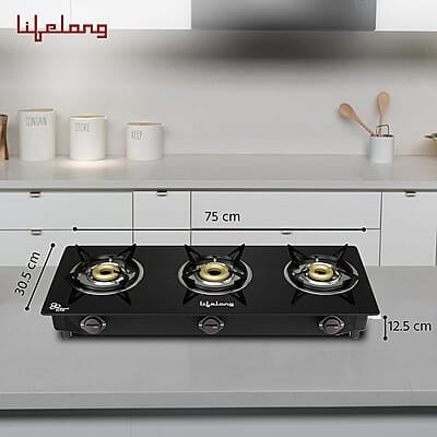 Lifelong 3 Burner Gas Stove Top for Kitchen - Automatic Ignition Cooktop Modern Glass Stove for Modular Kitchen, ISI Certified Lifelong 3 Burner Gas Stove Top for Kitchen - Automatic Ignition Cooktop Modern Glass Stove for Modular Kitchen, ISI Certified