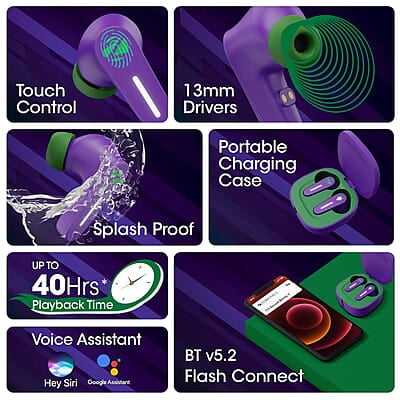 Zebronics DC Joker Edition Sound Bomb 7 TWS Wireless in Ear Earbuds with 40H* Backup, Rapid Charge, 50ms Gaming Mode, ENC mic, Voice Assistant, Flash Connect, Splash Proof, BT v5.2 and Type C
