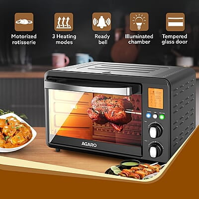 Agaro Imperial Digital Oven Toaster Griller, 28 Litres, 10 Preset Cooking Function, Convection Function, Motorized Rotisserie, Backlit Lcd Display, Black - 1500 Watts Agaro Imperial Digital Oven Toaster Griller, 28 Litres, 10 Preset Cooking Function, Convection Function, Motorized Rotisserie, Backlit Lcd Display, Black - 1500 Watts