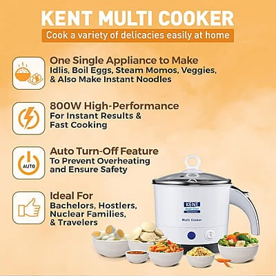 KENT Kettle Multicooker Cum Steamer 1.2 liters 800W| Boiling of Water, Tea ,Eggs , Instant Noodle Maker, Steaming idlis, Momos |Inner Stainless Steel without joint and welding & Cool Touch Outer Body KENT Kettle Multicooker Cum Steamer 1.2 liters 800W| Boiling of Water, Tea ,Eggs , Instant Noodle Maker, Steaming idlis, Momos |Inner Stainless Steel without joint and welding & Cool Touch Outer Body