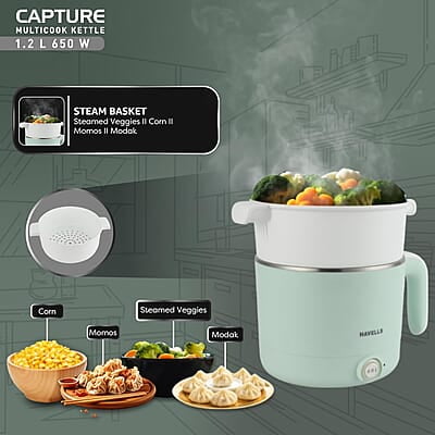 Havells Capture 1.2 Ltr Multi Cook Kettle with Steamer Basket SS Rust Resistant Body Havells Capture 1.2 Ltr Multi Cook Kettle with Steamer Basket SS Rust Resistant Body