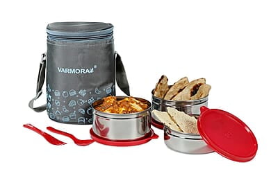 Varmora Stainless Steel SS Jumbo Trio Printed Lunch-Tiffin Box for Office - Set of 3 Containers (390 ml, 520 ml, 520 ml)