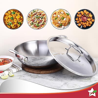 Wonderchef Nigella Tri-ply Stainless Steel 20 cm Kadhai with Lid 1.5 Litre 2.6mm Thickness Wonderchef Nigella Tri-ply Stainless Steel 20 cm Kadhai with Lid 1.5 Litre 2.6mm Thickness
