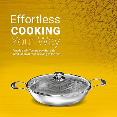 Preethi Diva Collection Triply Stainless Steel Kadai with API Technology, 20 cm, Gas & Induction