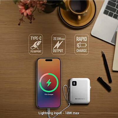 ZEBRONICS MW64 Compact Power Bank, 10000 mAh, Rapid Charge, 22.5W Output, Outputs - Type C Cable | Type C Port | Lightning Port, Percentage Indicator ZEBRONICS MW64 Compact Power Bank, 10000 mAh, Rapid Charge, 22.5W Output, Outputs - Type C Cable | Type C Port | Lightning Port, Percentage Indicator
