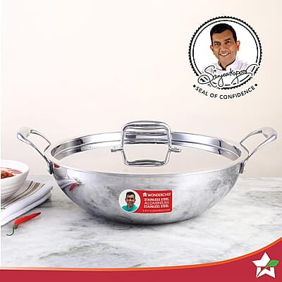 Wonderchef Nigella Tri-ply Stainless Steel 20 cm Kadhai with Lid 1.5 Litre 2.6mm Thickness Wonderchef Nigella Tri-ply Stainless Steel 20 cm Kadhai with Lid 1.5 Litre 2.6mm Thickness