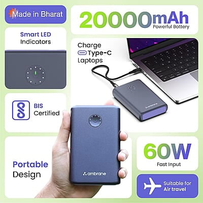 Ambrane 85W Fast Charging Powerbank for MacBook, Type C Laptop & Mobile Charging, 20,000mAh Battery, Triple Output Ambrane 85W Fast Charging Powerbank for MacBook, Type C Laptop & Mobile Charging, 20,000mAh Battery, Triple Output