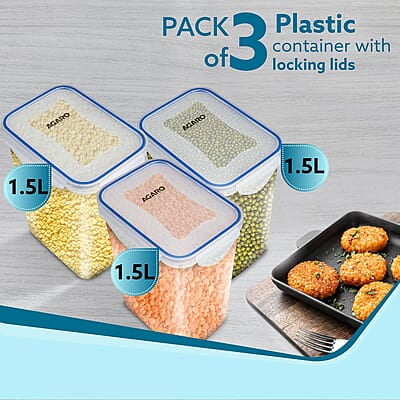 AGARO Airtight Container, Food Storage Container With Lid Tall Rectangular Plastic Body, Leak Proof, BPA Free, Capacity 1.5L Each, Pack of 3 AGARO Airtight Container, Food Storage Container With Lid Tall Rectangular Plastic Body, Leak Proof, BPA Free, Capacity 1.5L Each, Pack of 3
