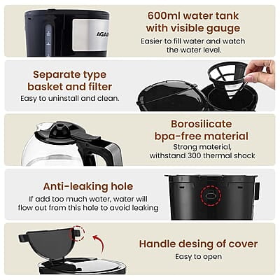 AGARO Royal 4 Big Cups Drip Coffee Maker, 600 Ml Borosilicate Glass Carafe Jar, 750W AGARO Royal 4 Big Cups Drip Coffee Maker, 600 Ml Borosilicate Glass Carafe Jar, 750W