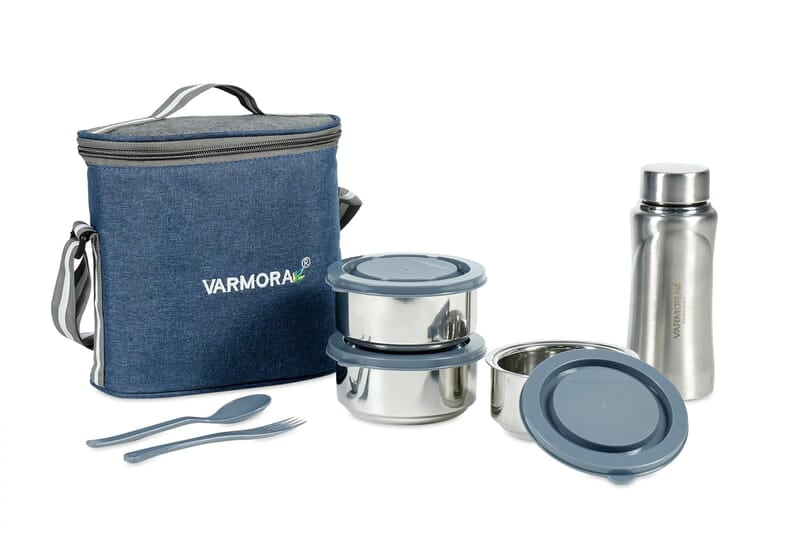 Varmora SS Hot-N-Fresh Stainless Steel Lunch Box Set Set of 3 Containers 300 ml Each with SS Bottle- 500ml Varmora SS Hot-N-Fresh Stainless Steel Lunch Box Set Set of 3 Containers 300 ml Each with SS Bottle- 500ml