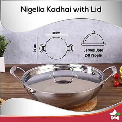 Wonderchef Nigella Tri-ply Stainless Steel 30 cm Kadhai with Lid 4.6 Litre 2.6mm Thickness Wonderchef Nigella Tri-ply Stainless Steel 30 cm Kadhai with Lid 4.6 Litre 2.6mm Thickness